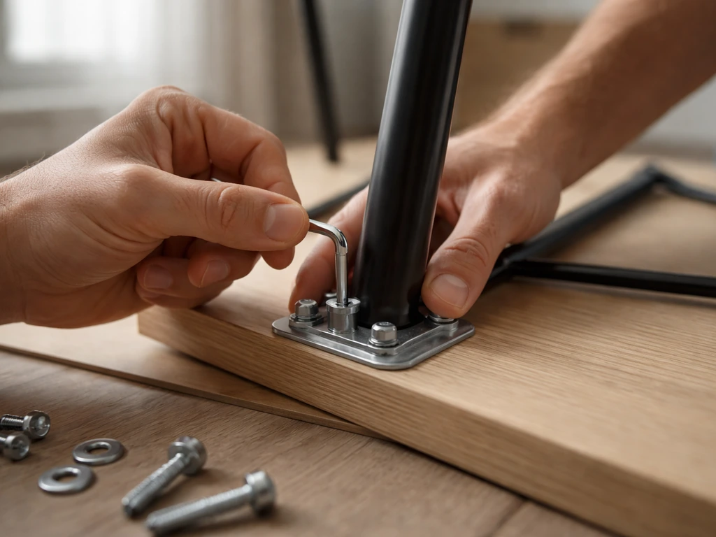 Close-up of hands using an Allen key to bolt a flat-pack bistro chair frame together on a table