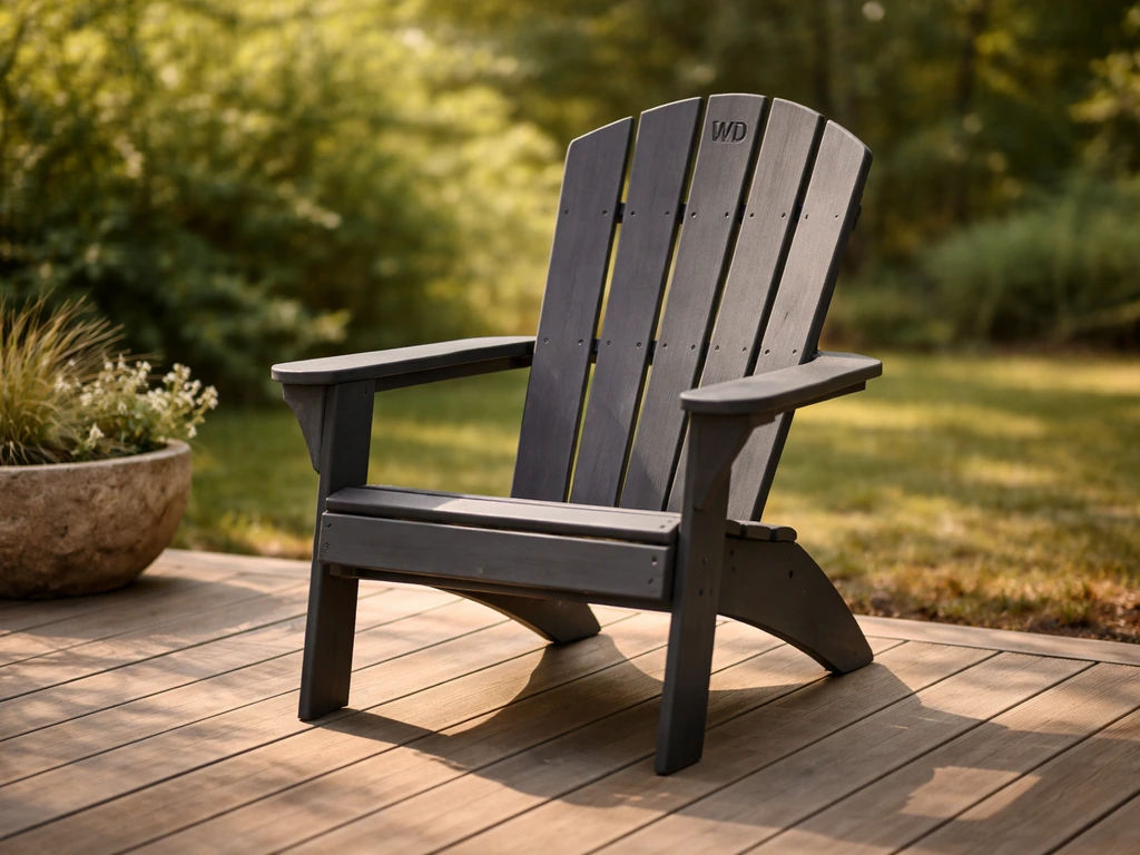 Resin Adirondack-style patio chair in a sunlit backyard, showing durable outdoor furniture.