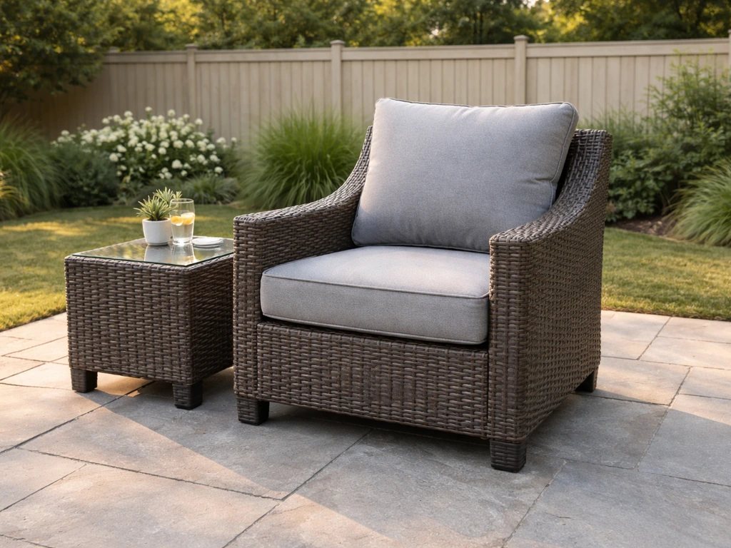 Oakland Living–style patio lounge chair and side table on a sunny stone patio, showing comfort and durability.