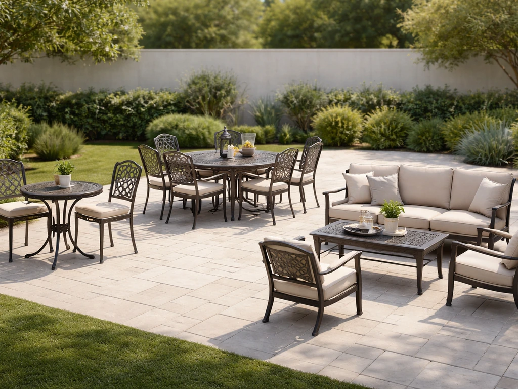 Three small patio seating sets—bistro, dining, and conversation—arranged on a tidy outdoor patio.