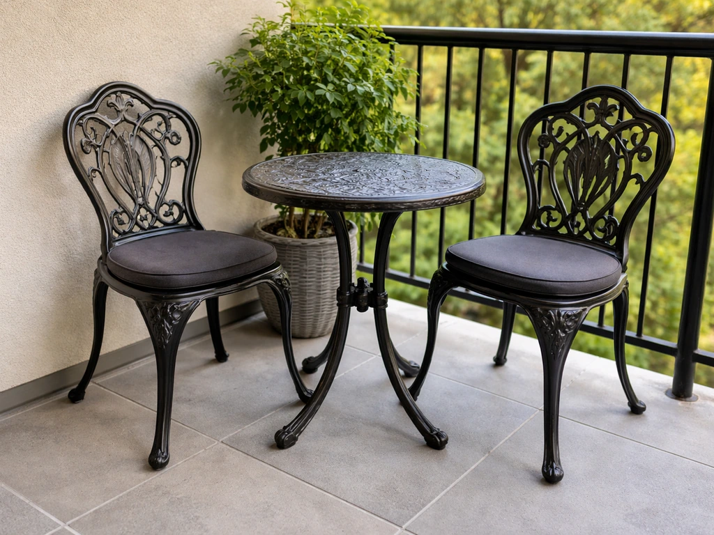 Compact 3-piece cast-aluminum bistro set on a small balcony with two chairs and a round table.