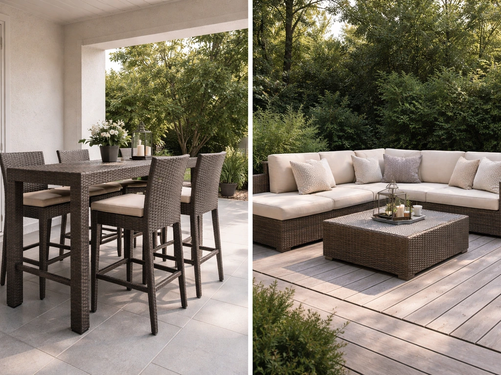 Side-by-side patio setups: bar-height dining set on the left and low lounge seating on the right.