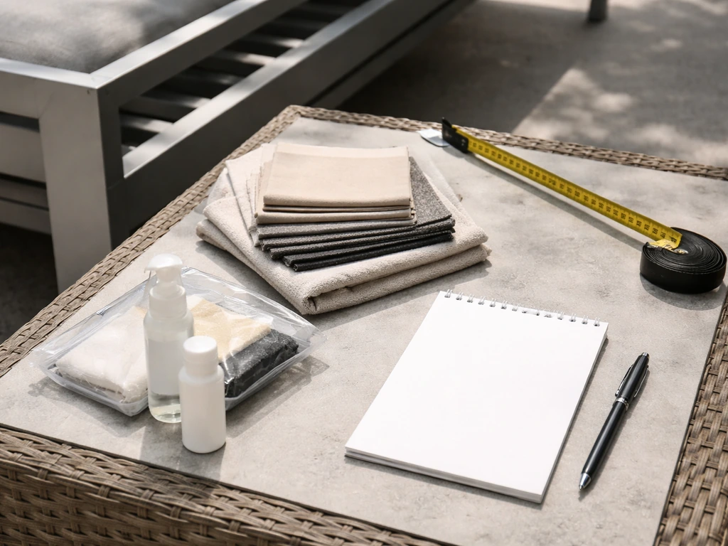 Outdoor furniture pre-purchase checklist laid out beside aluminum frame and cushions on a patio table.