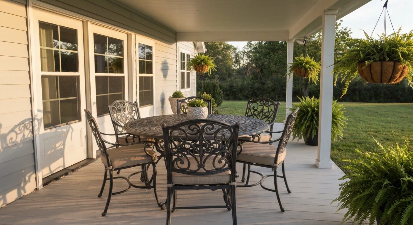 Covered porch with a classic wrought-iron patio dining set (ornate scrollwork, matte black finish, neutral cushions) in warm late-afternoon light.