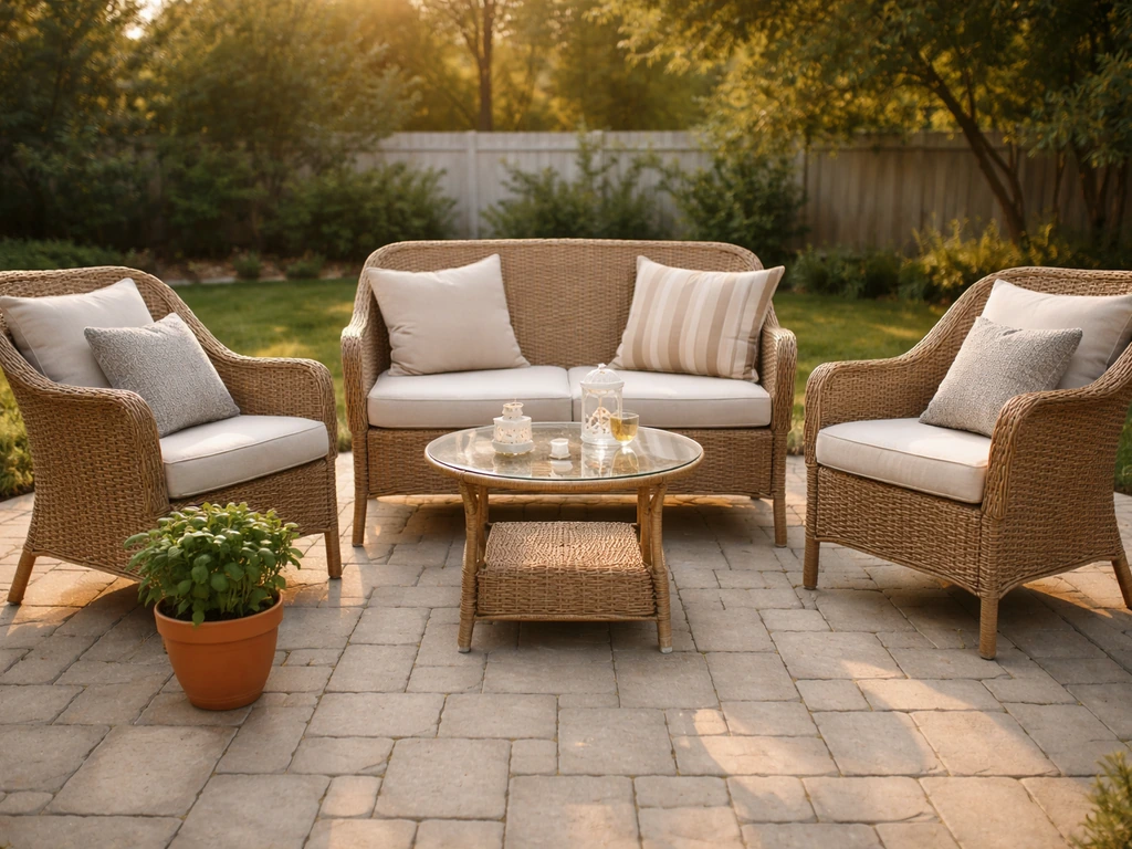 Timeless classic patio conversation set with cushions on a sunlit outdoor stone terrace.