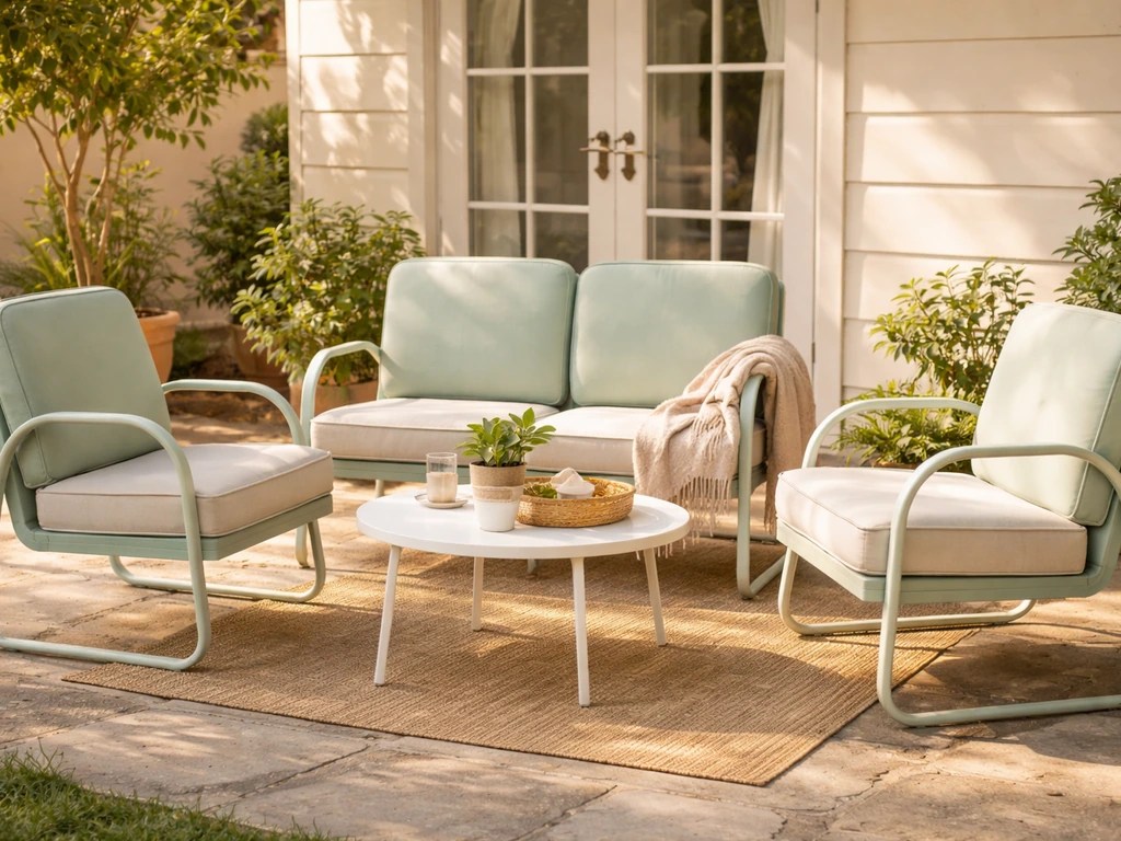 Bright small patio with compact retro metal conversation set and cozy cushions