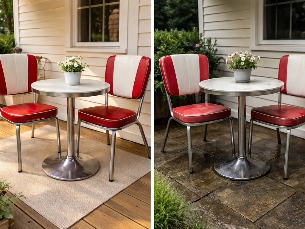 Split photo showing a retro metal patio conversation set in good condition vs outdoor wear and rust.