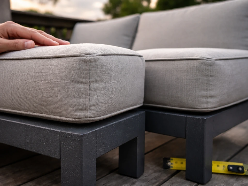 Close-up comparison of thick patio cushion and steel frame coating with subtle outdoor weathering cues.