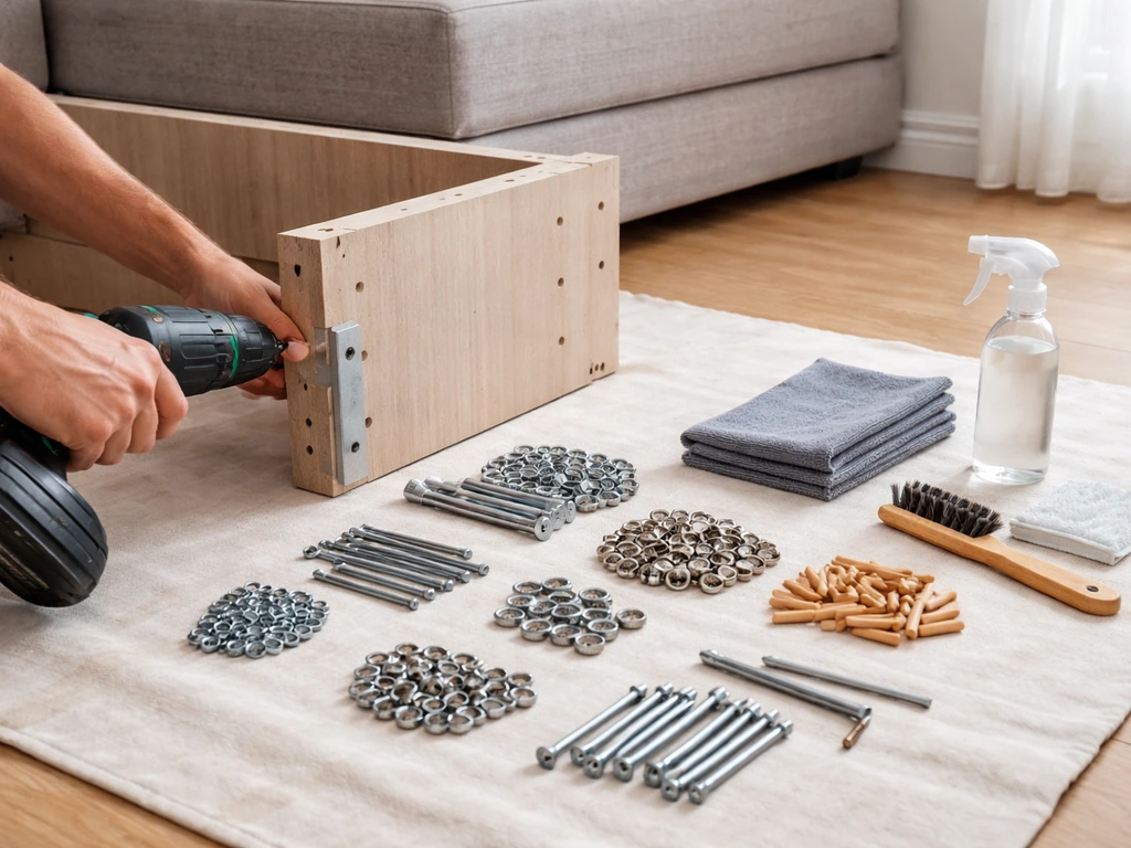 Hands tighten a bolt on a partially assembled sectional; hardware kit and cleaning cloth set nearby.