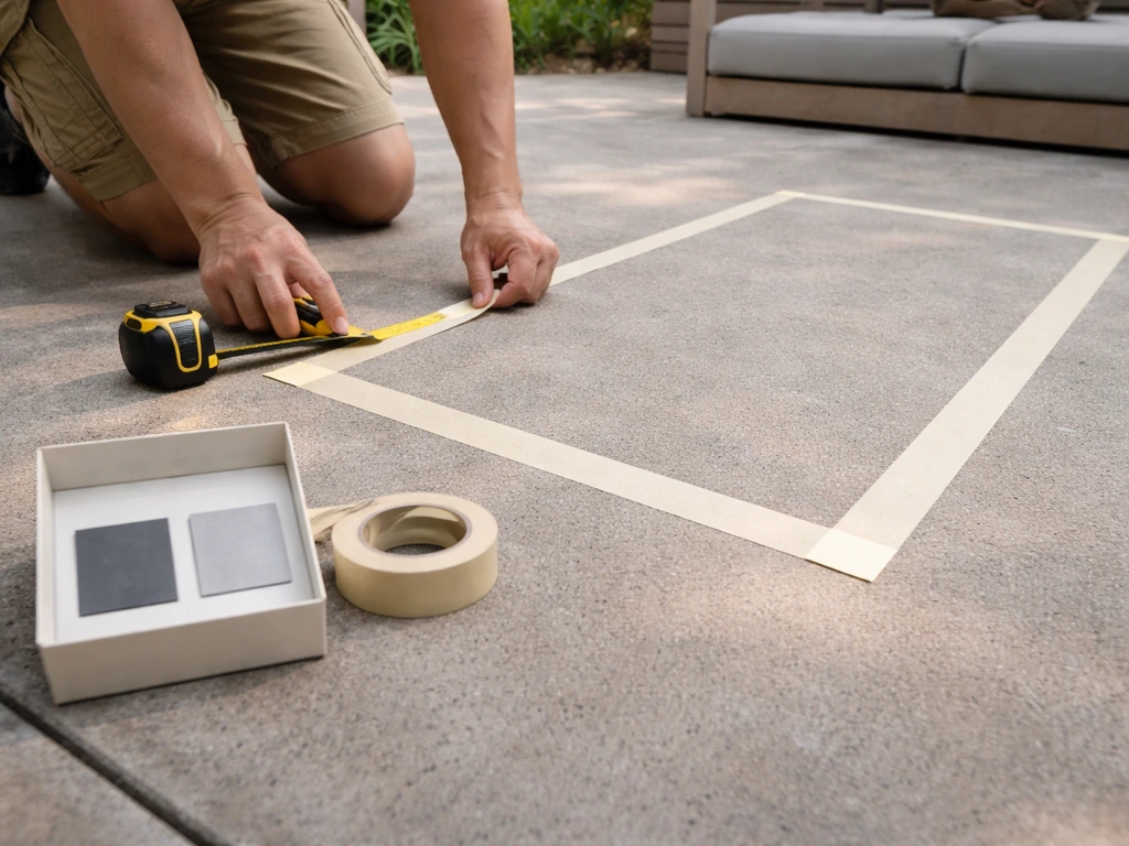 Hands measure a patio with tape and mask the footprint, with steel vs aluminum swatches in a small box.
