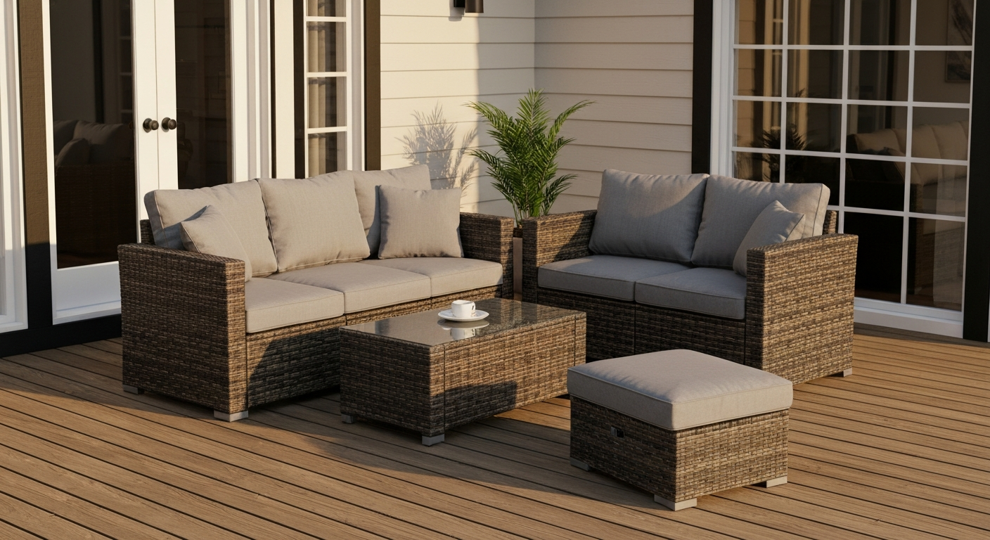 Erommy-style 4-piece patio conversation set with dark PE rattan and gray cushions on a wooden deck at golden hour.