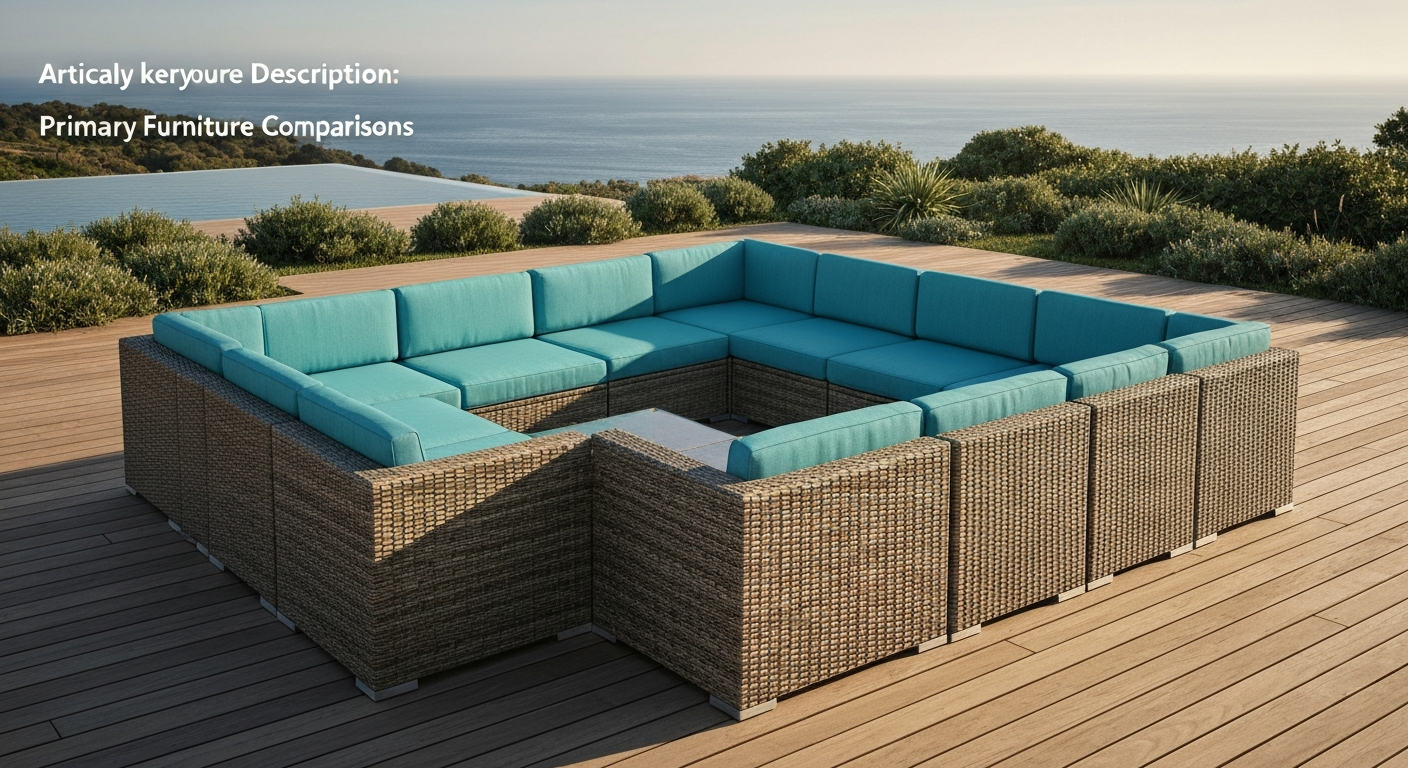 Modular PE-wicker outdoor sectional with turquoise cushions on a wooden deck by a pool, photographed in warm late-afternoon light; close detail on wicker texture with coastal background.