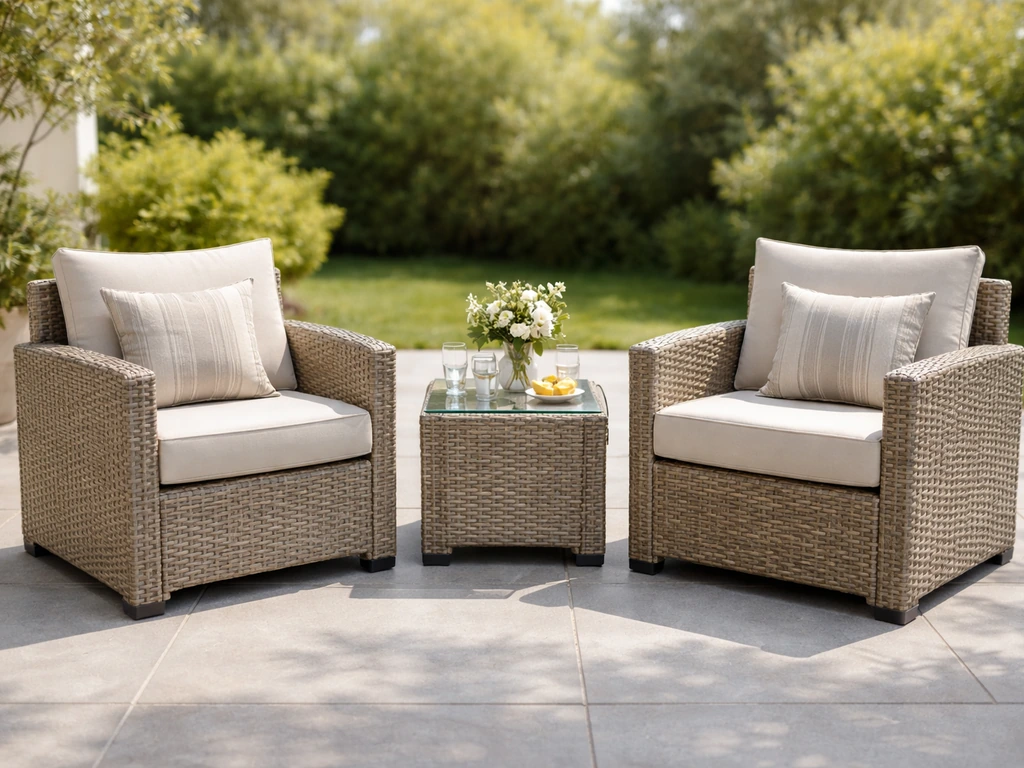 Bright patio with a wicker conversation set and glass-top table, cushions in view, no people.