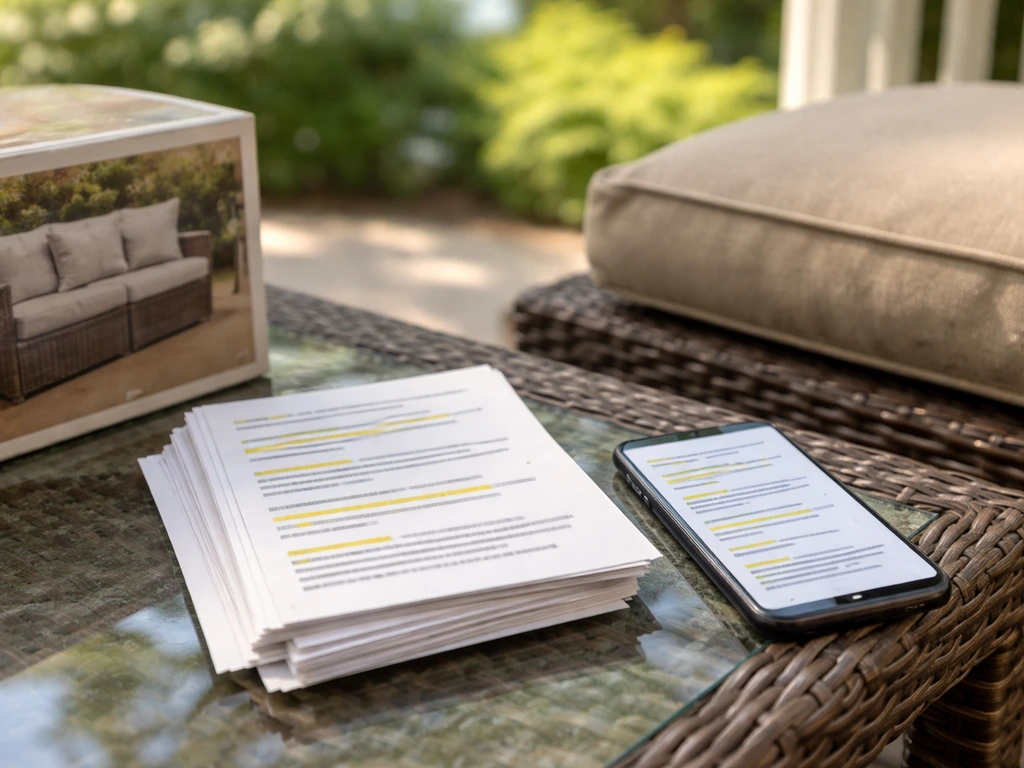 Close-up of blurred review snippets and a phone next to patio cushion packaging on a porch table.