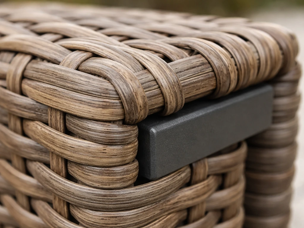 Close-up of powder-coated steel frame with hand-woven PE rattan showing the weave construction.