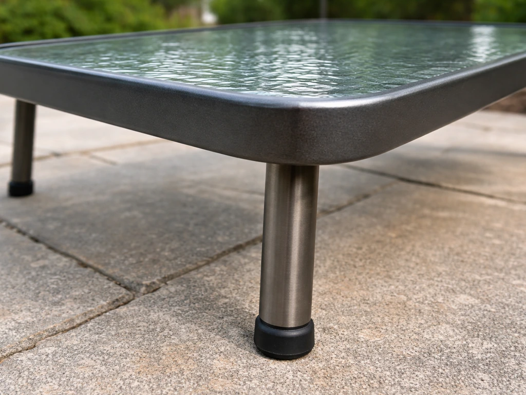 Tempered glass patio table with frame legs and non-slip silent foot pads visible underneath.