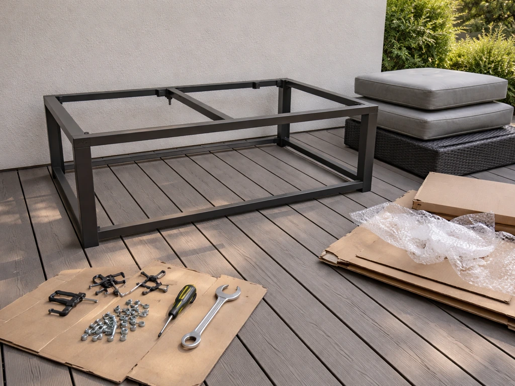 Partially assembled patio furniture on a patio with tools and hardware pieces laid out for easy setup.