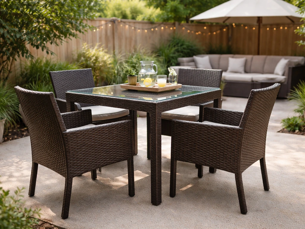 Minimal backyard patio with a poly rattan dining set and neutral cushions in morning light.