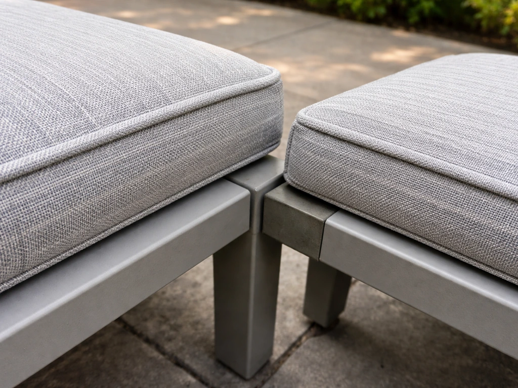 Patio furniture pieces with misaligned parts and noticeable color mismatch in natural daylight
