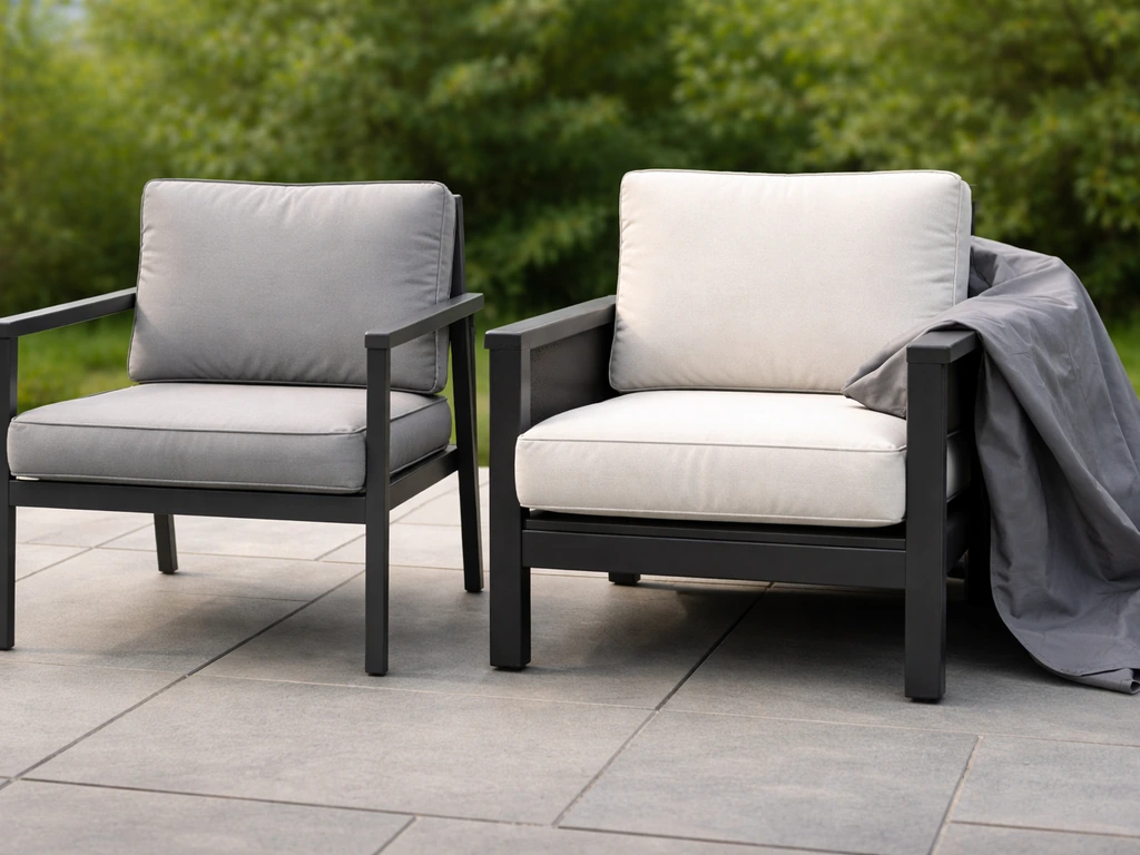 Side-by-side patio chairs showing budget vs commercial-grade durability cues with simple outdoor setting.