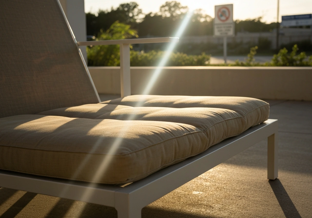 Sunlit patio furniture with visibly faded, UV-dry cushions and a powder-coated frame outdoors