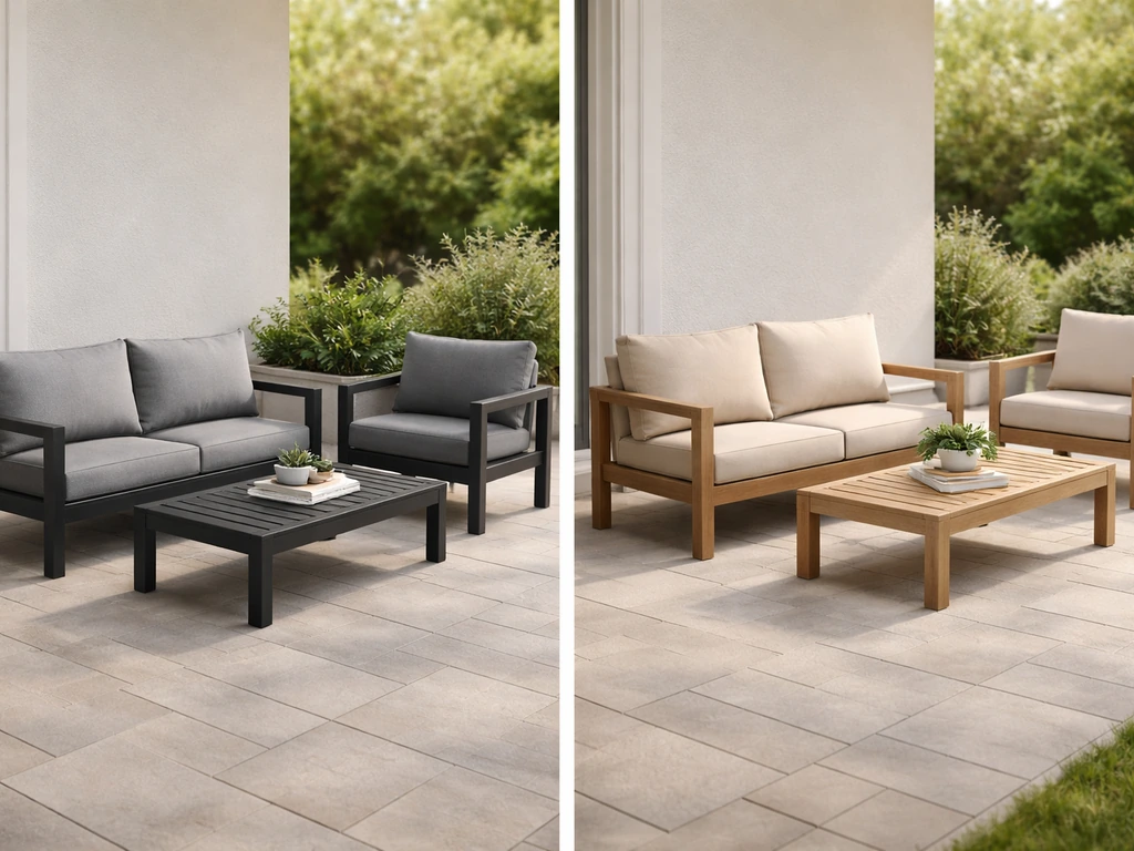 Two distinct patio furniture sets side-by-side on a clean patio, highlighting cushion and material differences.