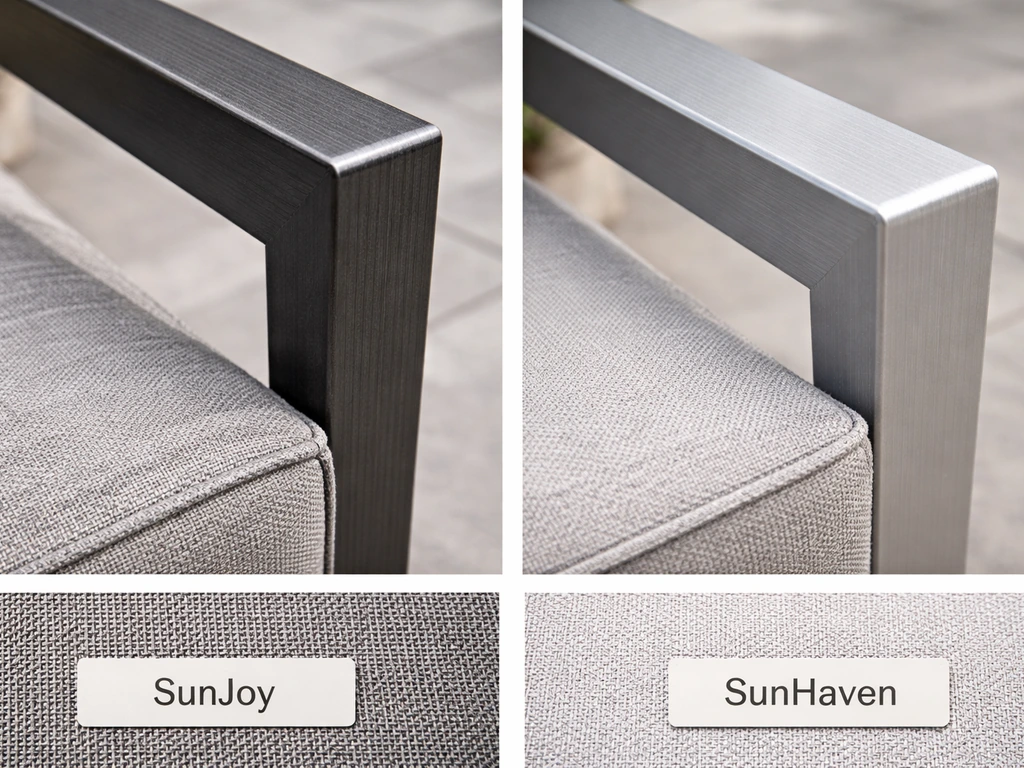 Split-view close-ups of patio frame steel vs aluminum and cushion fabric textures for easy comparison.