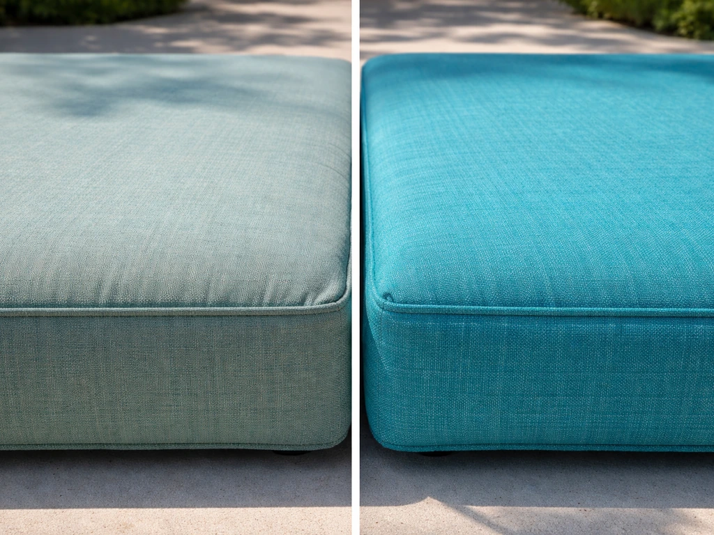 Minimal split-style photo of outdoor chair cushions showing fade on one side and intact fabric on the other