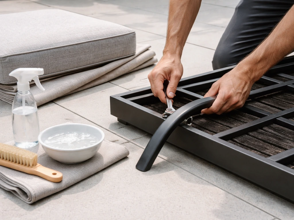 Hands attaching a patio furniture leg while soft brush and mild-soap rinse kit sit nearby