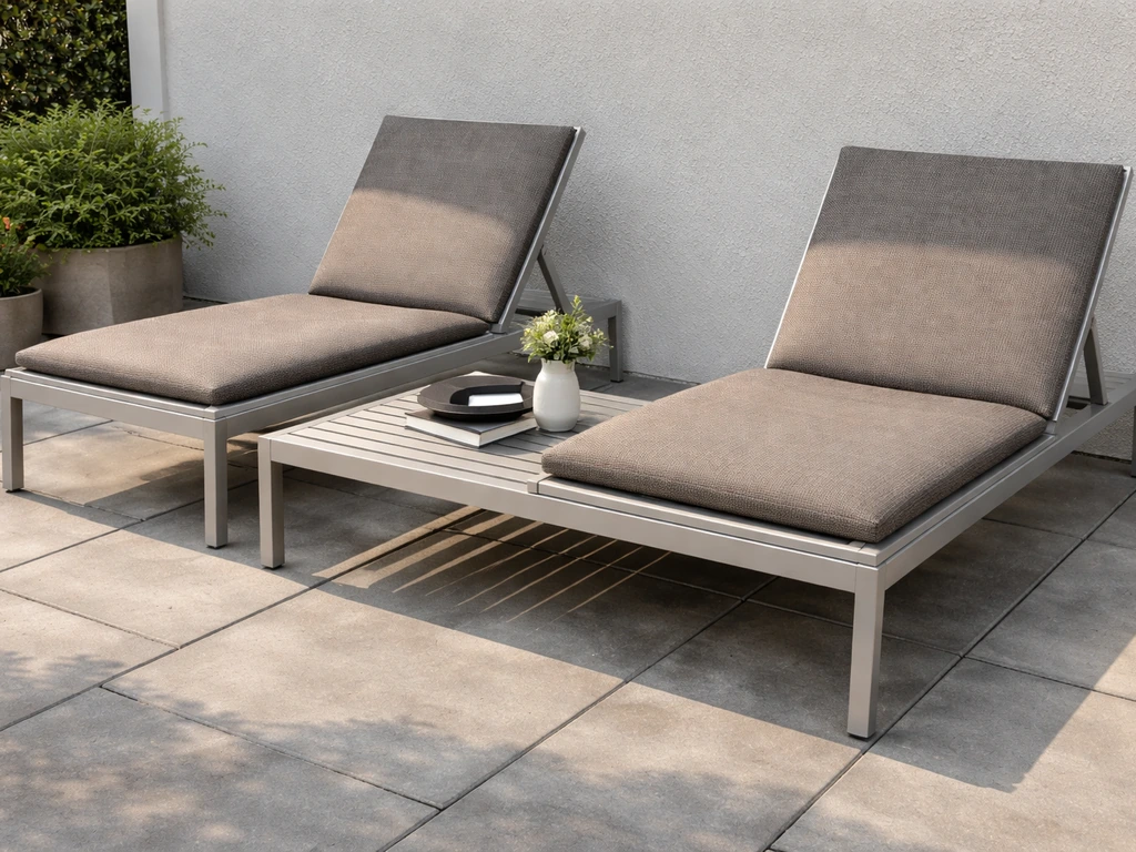Outdoor patio set with aluminum frames and sling cushions in warm natural light