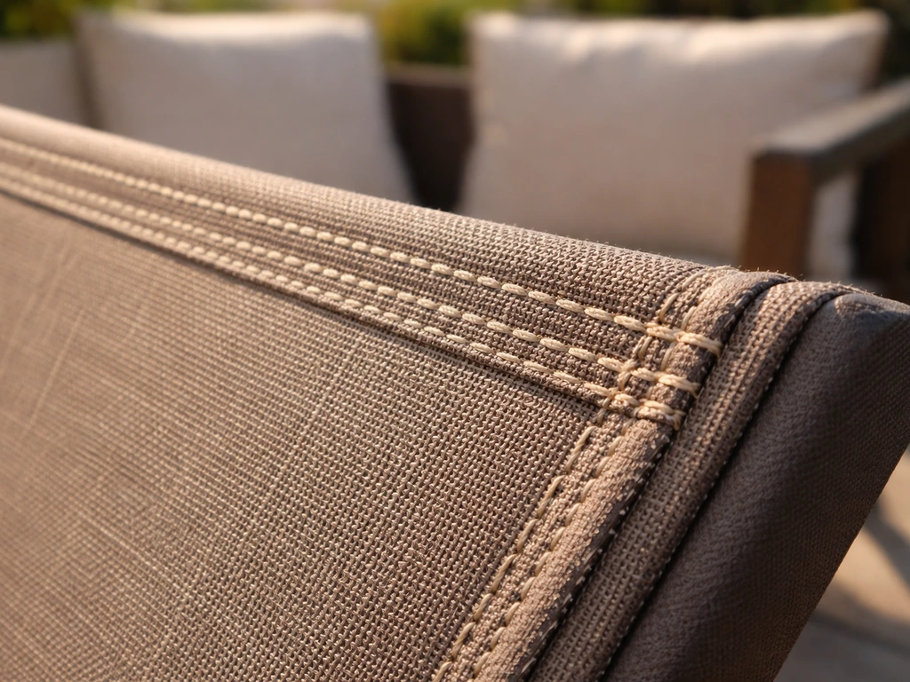 Close-up of outdoor sling fabric showing double-stitched, double-wrapped seam construction