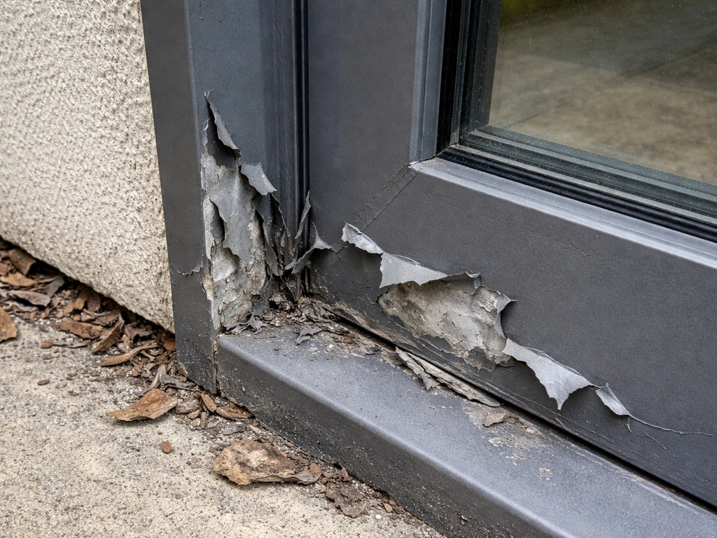 Outdoor aluminum frame with powder-coat peeling and chipping, exposing bare metal beneath.