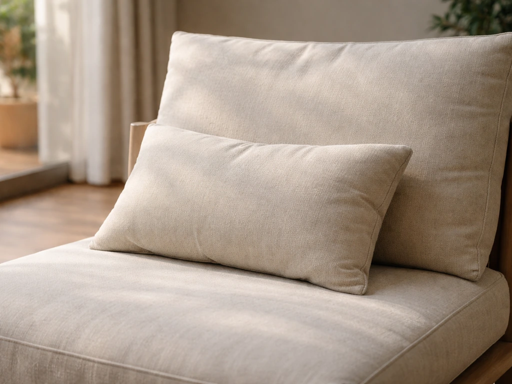 Close-up of lounge chair cushions and pillows arranged for comfortable everyday support