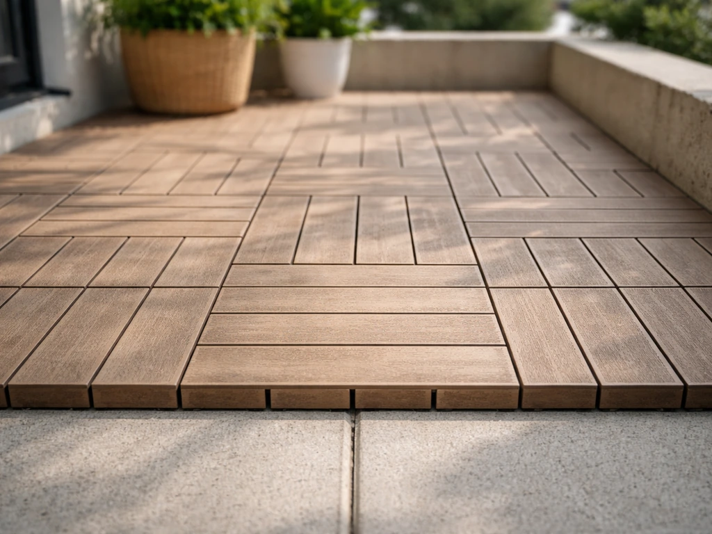 Finished modular click-together patio tiles installed on an outdoor balcony with aligned seams and natural light.