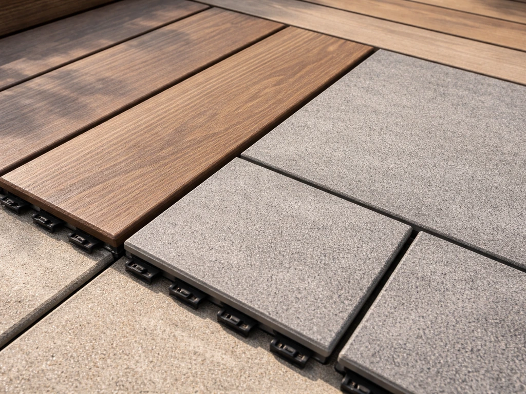Closeup of modular click-together patio tiles with wood-look and textured finish options on a deck