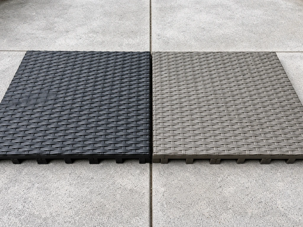 Two adjacent outdoor polypropylene tile samples showing texture retention vs UV fading on concrete patio.