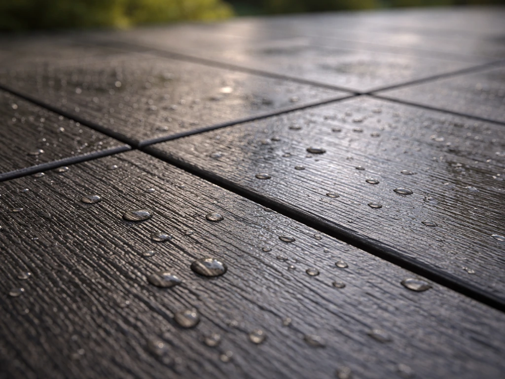 Close-up of textured tile with water droplets, showing anti-slip grip in wet conditions.