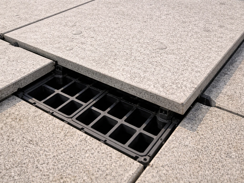 Close-up of balcony patio tile with visible under-tile open drainage grid letting water flow through