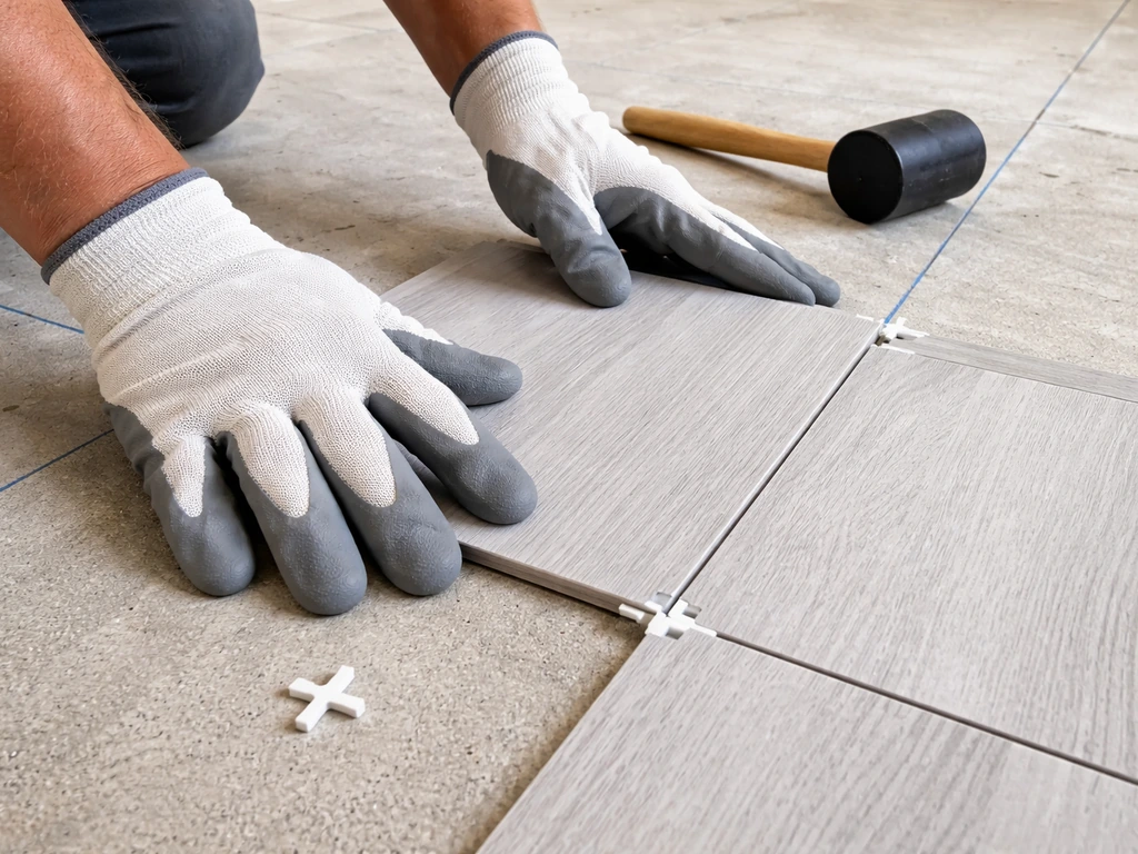 Gloved hands snapping a tile into place along chalk lines on a clean subfloor for alignment