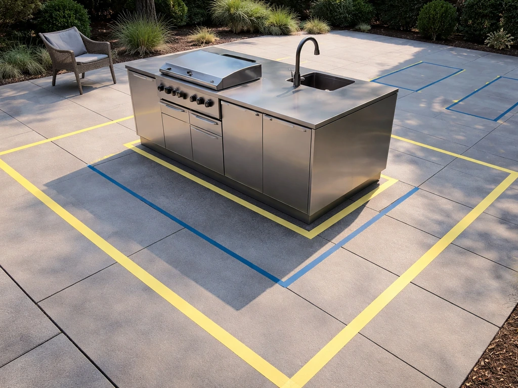 Outdoor kitchen island with taped layout areas showing clearances and walking lanes in a tidy minimal setup.