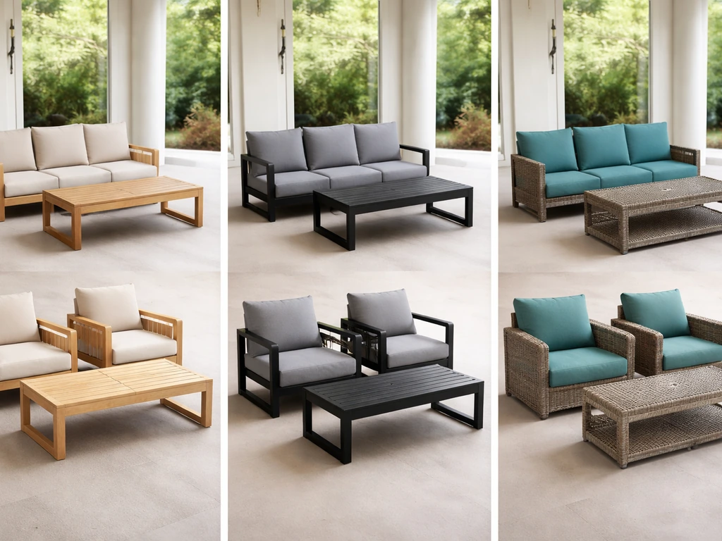 Minimal outdoor patio scene showing neatly arranged island-style furniture sets and cushions by price tier.