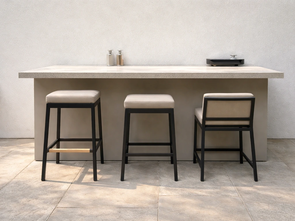 Outdoor island seating showing bar, counter, and dining heights with comfortable reach and leg clearance.