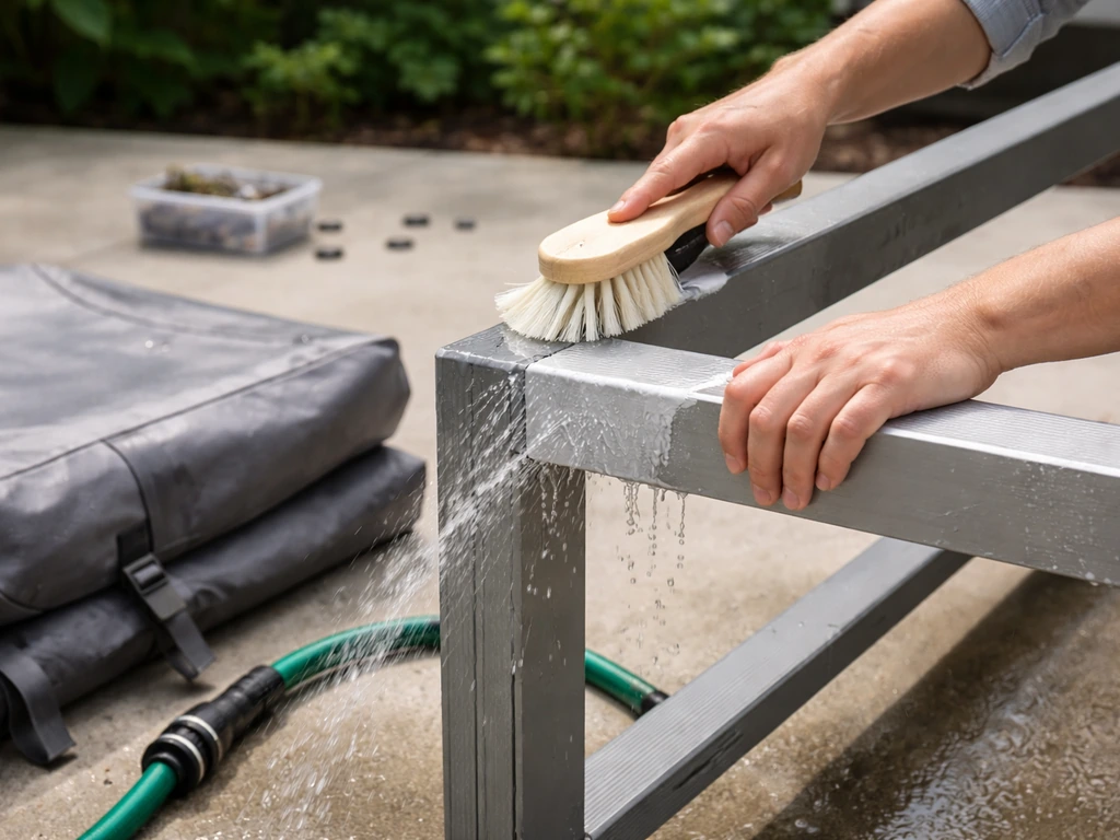 Person cleaning aluminum or HDPE patio furniture with a brush and hose, with a storage cover nearby.