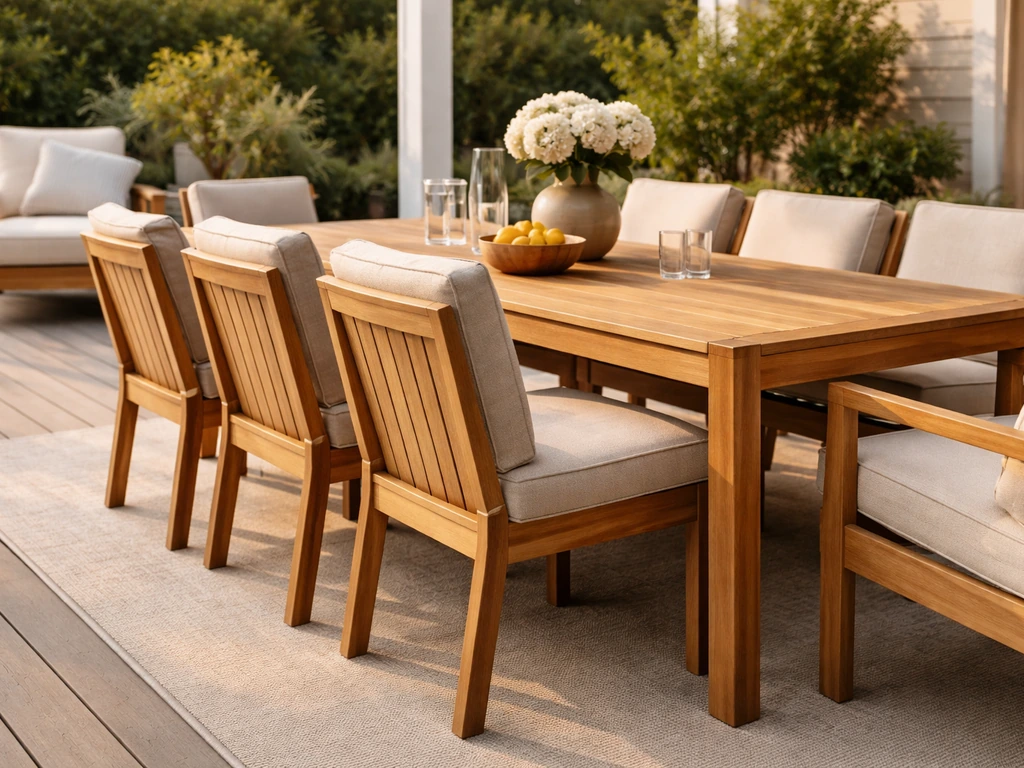 Sunlit patio dining set with solid teak wood and Sunbrella-style cushions on a tidy outdoor deck.