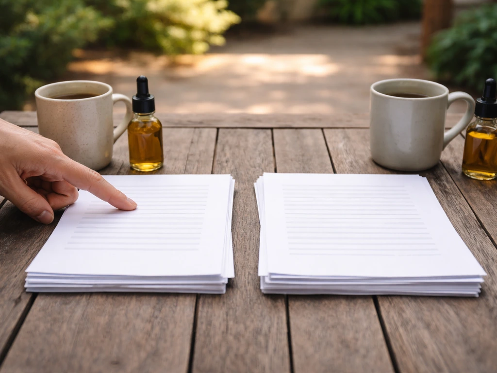 Two side-by-side stacks of blank review pages on an outdoor table, with teak oil and a hand pointing.