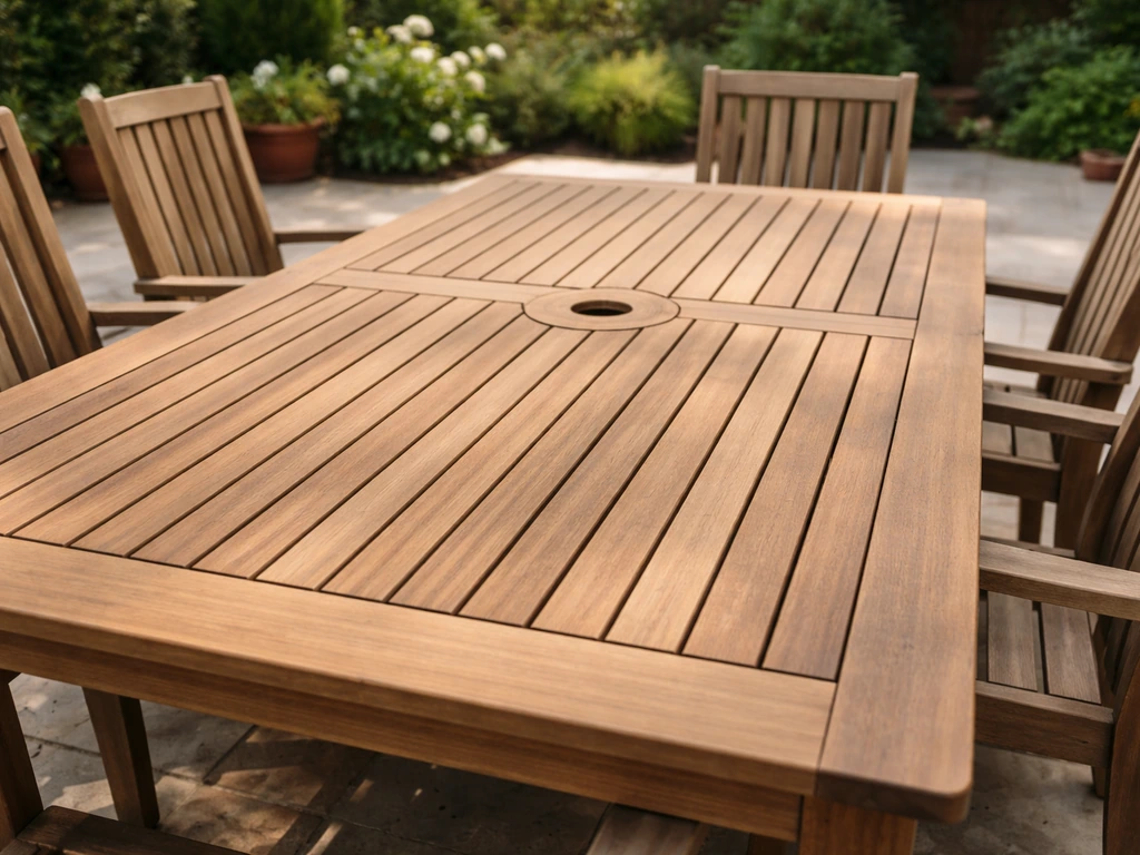 Close-up of a teak outdoor dining table with slatted top and a central umbrella hole.