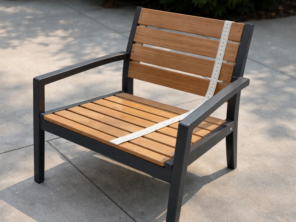 Close-up of an outdoor chat chair showing seat depth, arm height, and back height with a measuring tape.