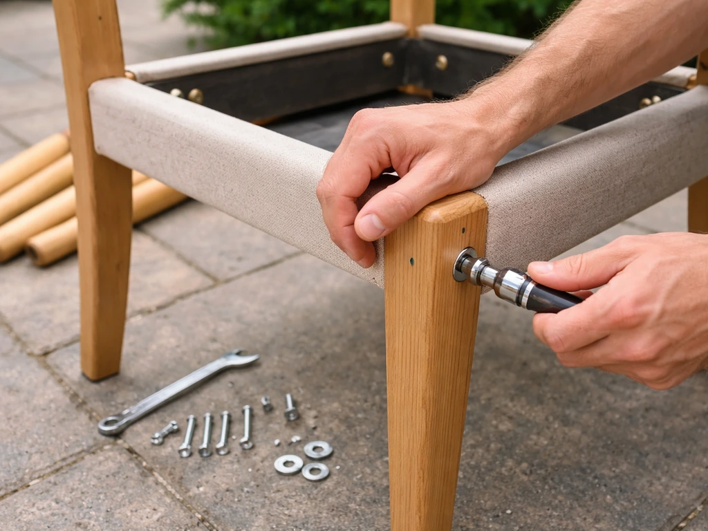 Hands tightening chair hardware with tools on a patio, parts laid out for assembly