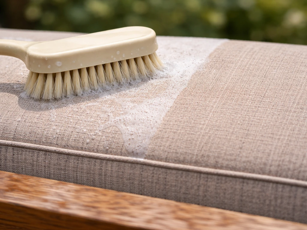 Closeup of a soft brush scrubbing a Sunbrella cushion with mild soap on a teak outdoor furniture frame.