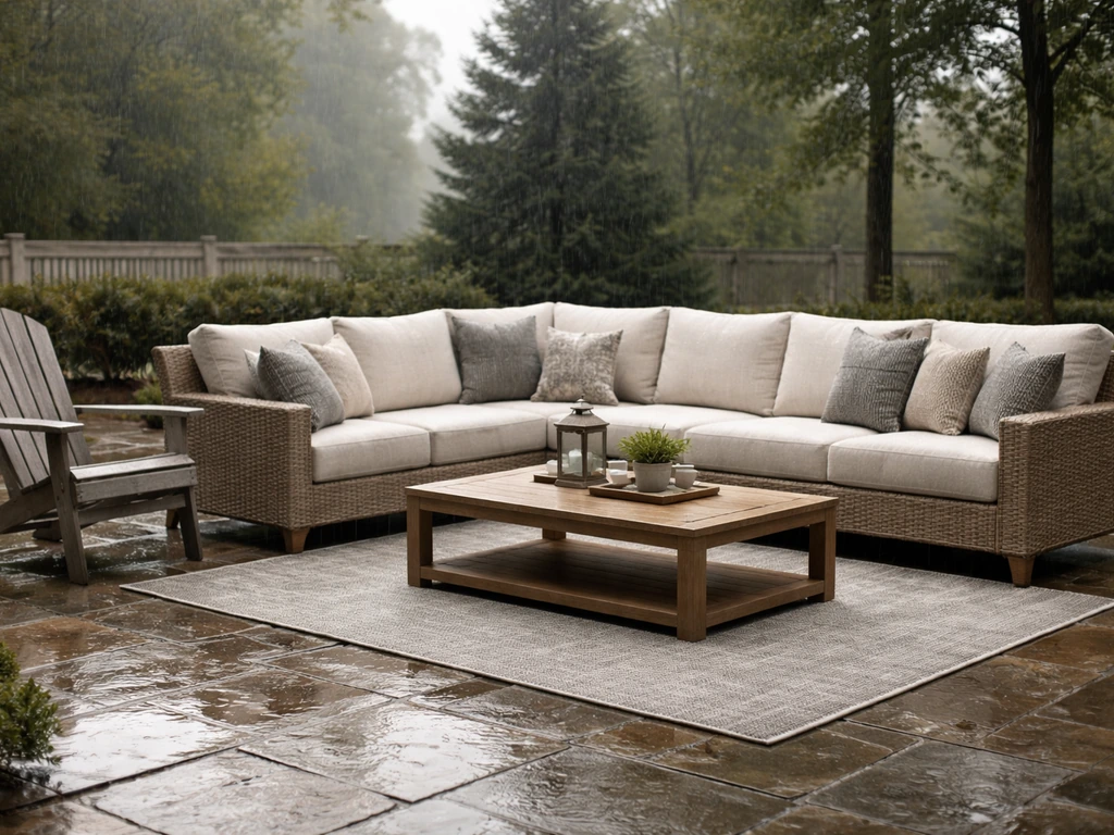 High-end patio with sectional and Adirondack chairs in light rain on wet stone pavers, showing weather resistance.